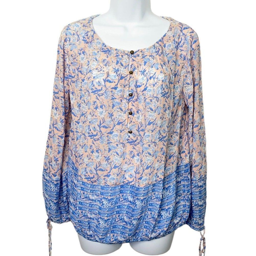Lucky Brand Women’s M Floral Boho Blouse Pink‎ Blue Top Peasant ￼